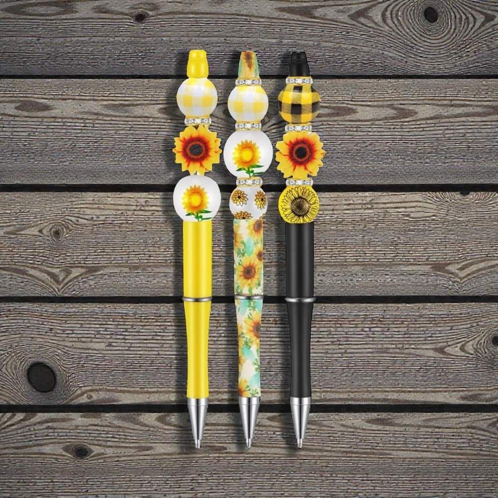 🆕 3 Sunflower Patterned Pen Set - Yellow, Black, and White - Picture 4 of 5